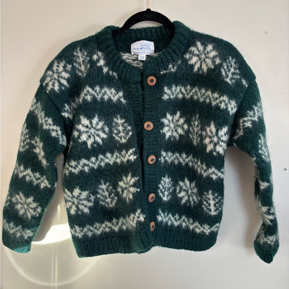Green and White Snowflake 100% Wool Cardigan